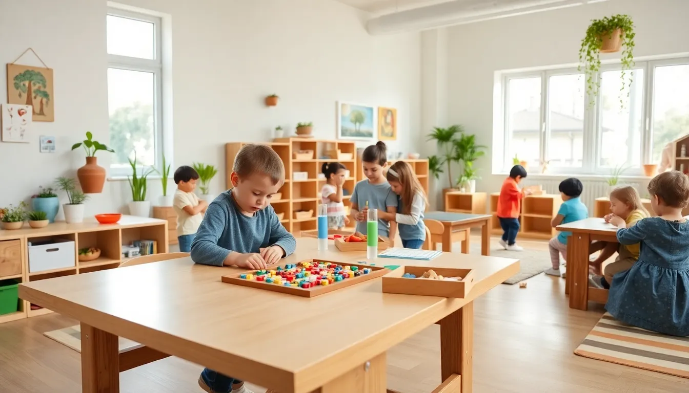 diverse children engaged in self-directed activities in a Montessori classroom.