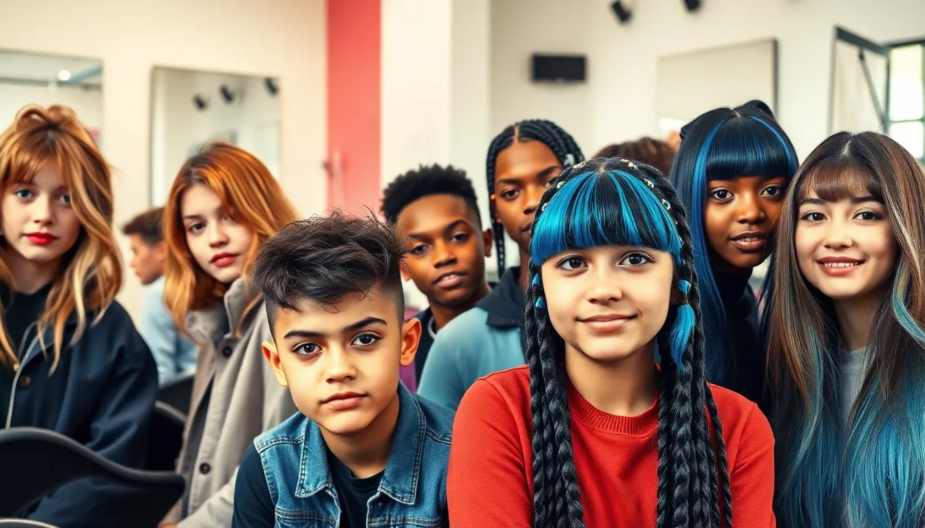 Group of diverse teens showcasing trendy hairstyles in a modern salon.