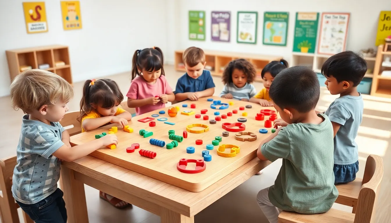 children playing with a colorful Montessori board in a modern classroom.