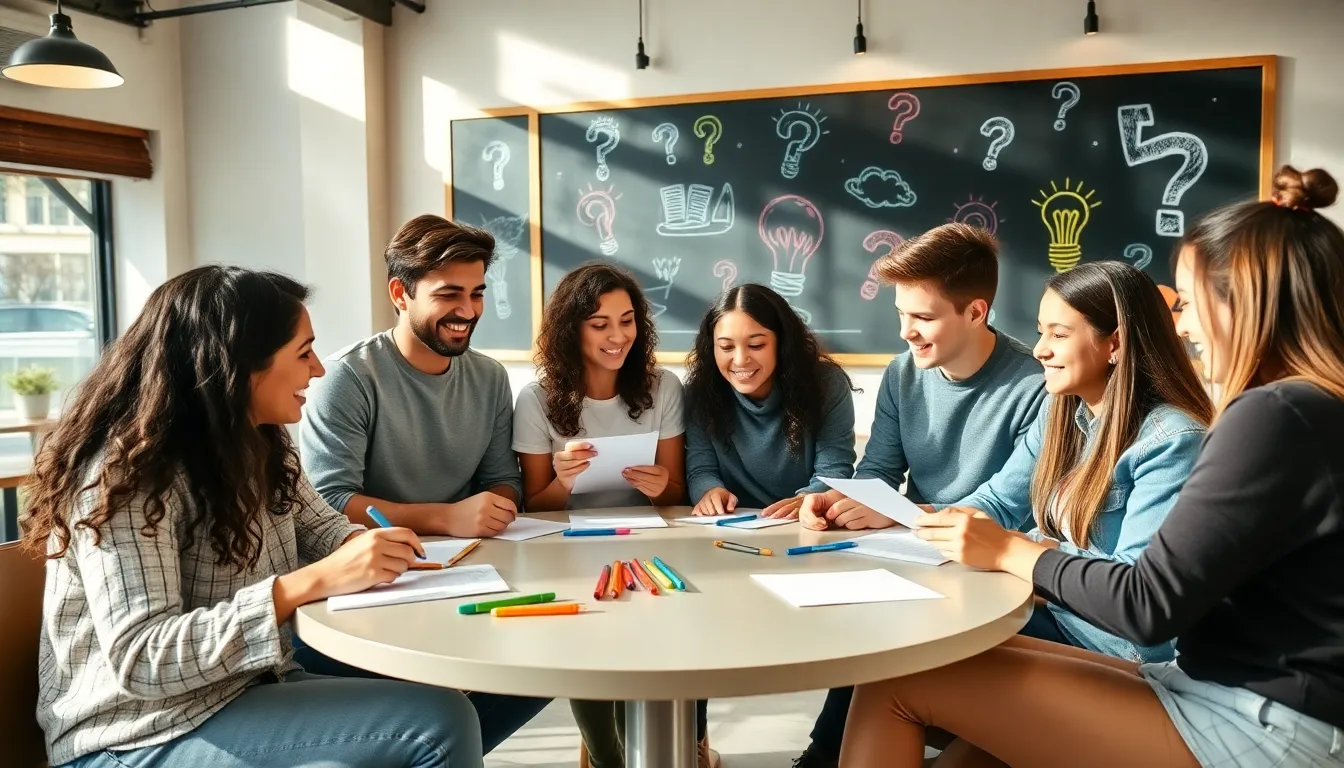 diverse teens engaging in solving riddles at a café.