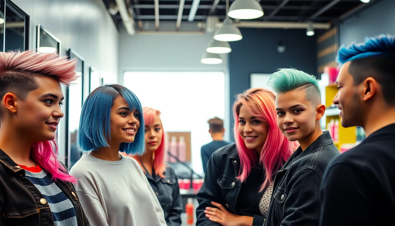 diverse teenagers showing trendy haircuts in a modern salon.