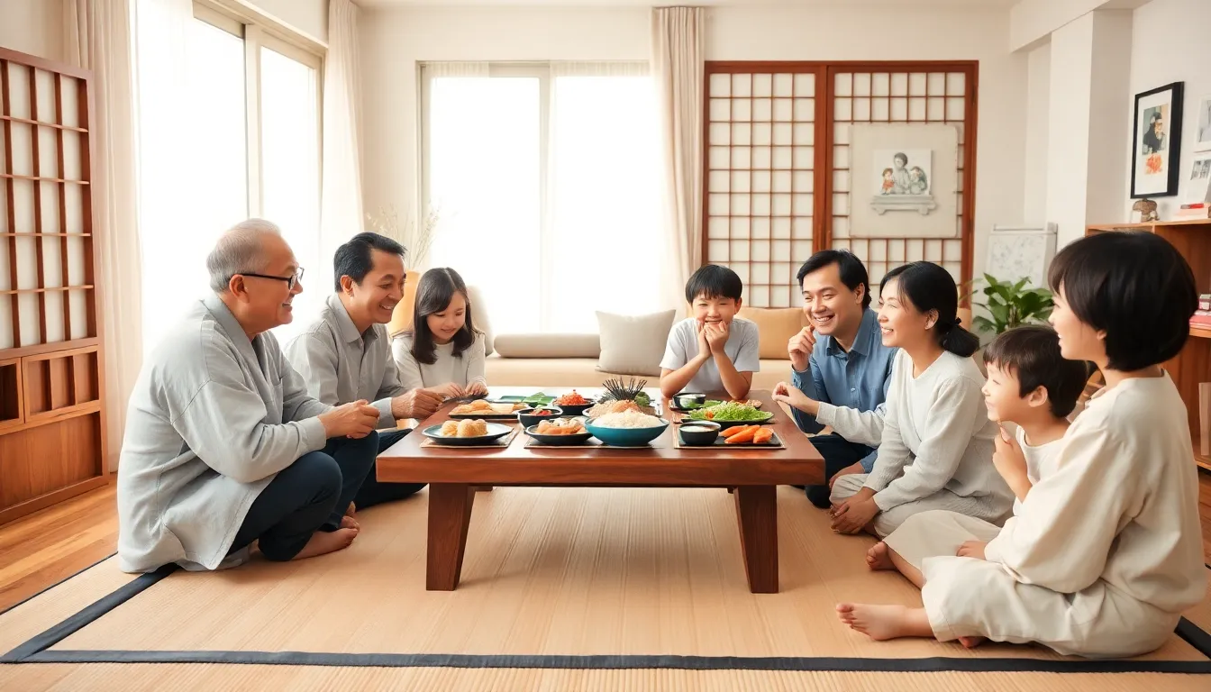 diverse family celebrating Japanese traditions in a modern home.