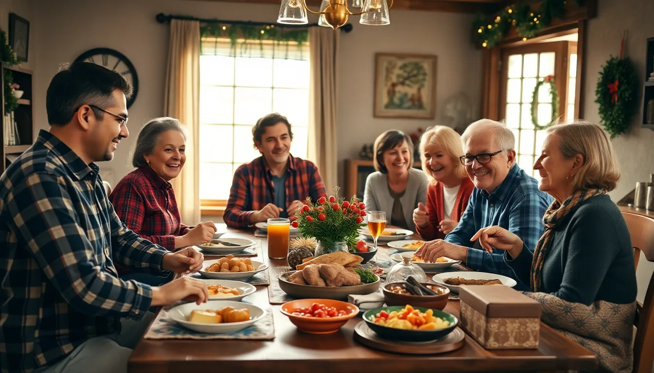 A diverse family celebrating around a festive dining table.